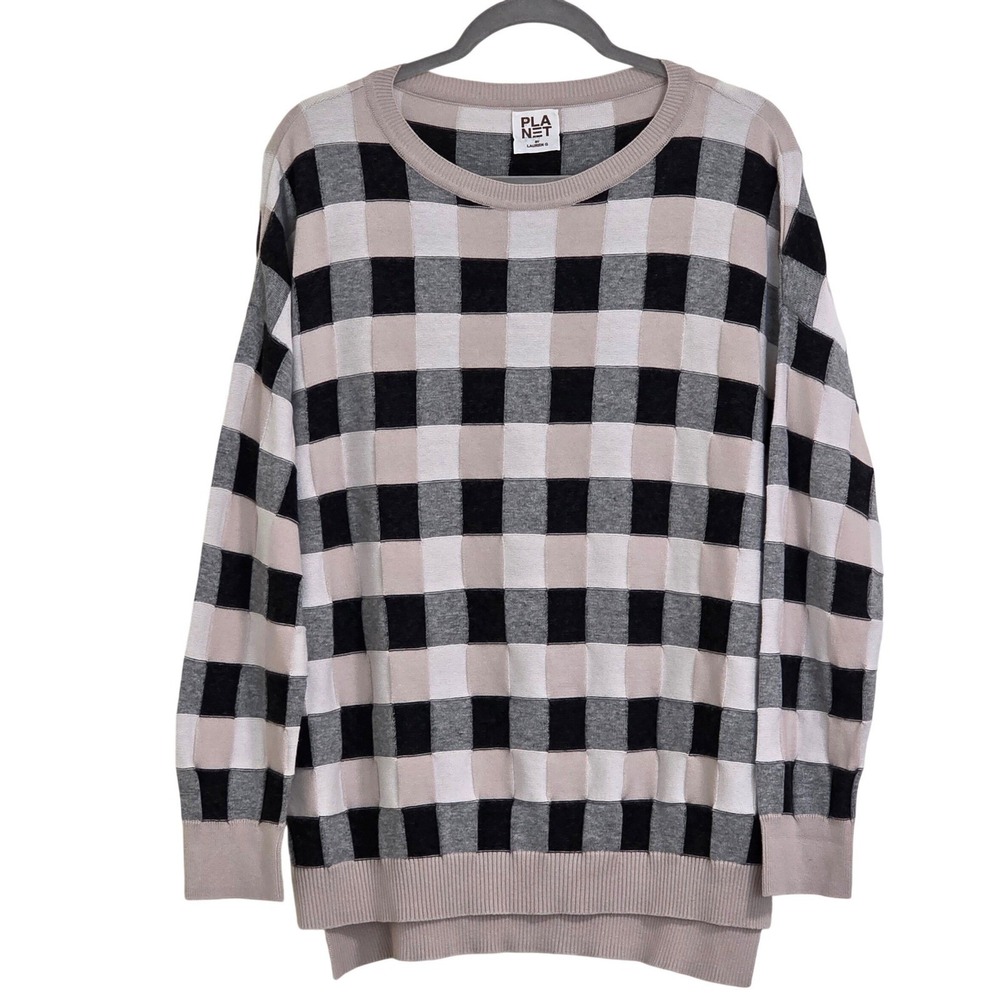 Planet by Lauren G Sweater Womens OS Beige Taupe Black Checkered Oversized Knit